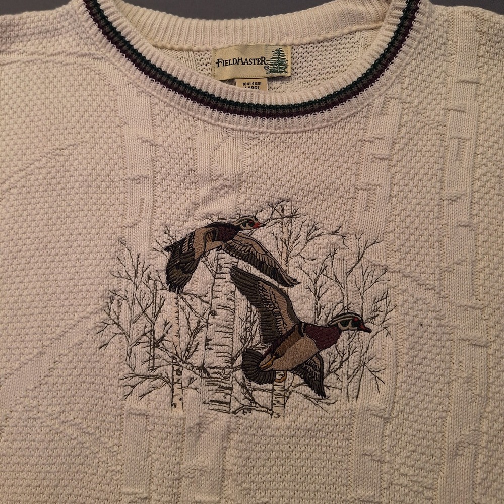 Fieldmaster Mens Cream Cotton Duck Embroidery Sweater Large Made in USA